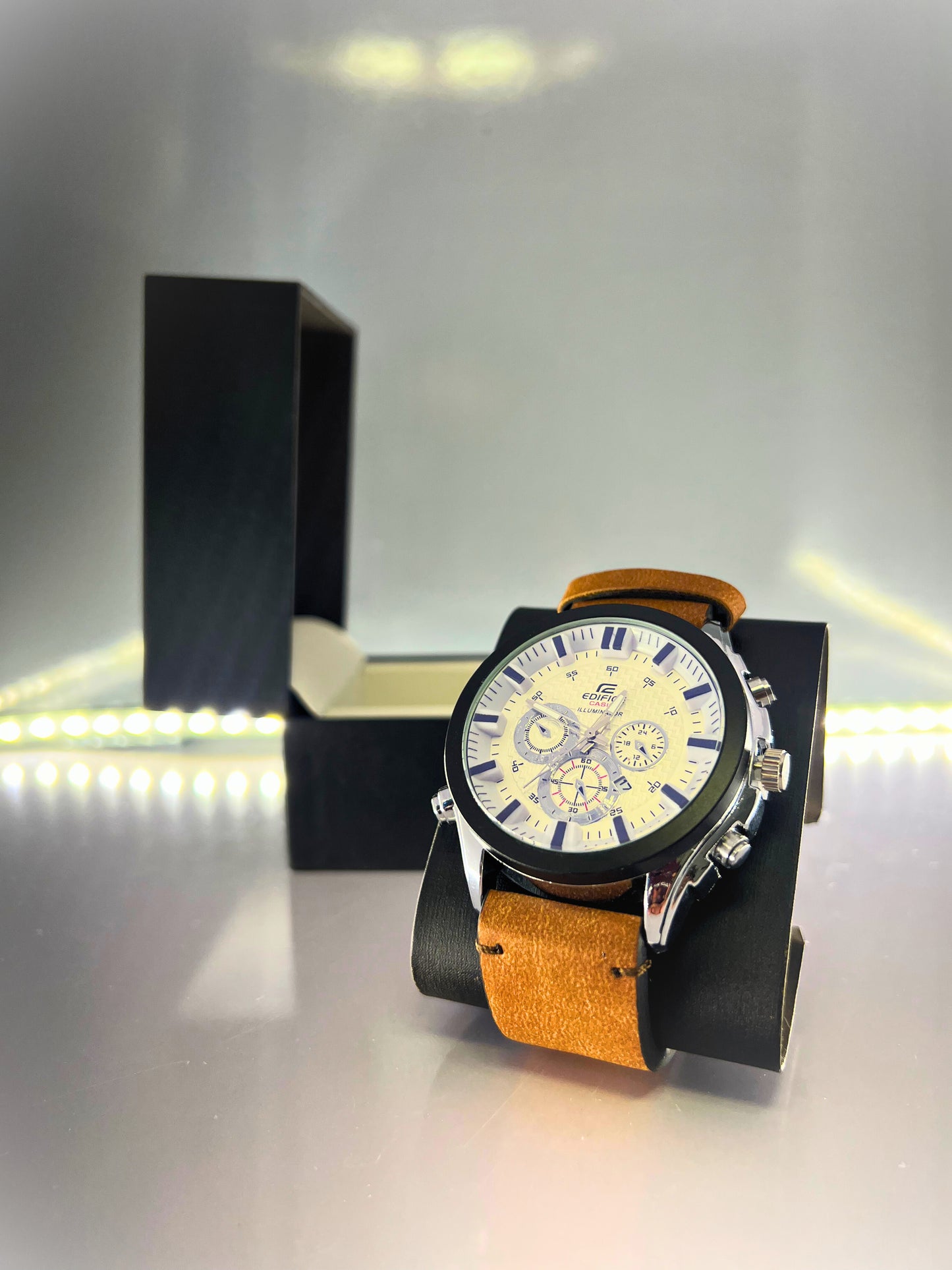 EDIFICE-Leather Strap With Magnificent White Dial