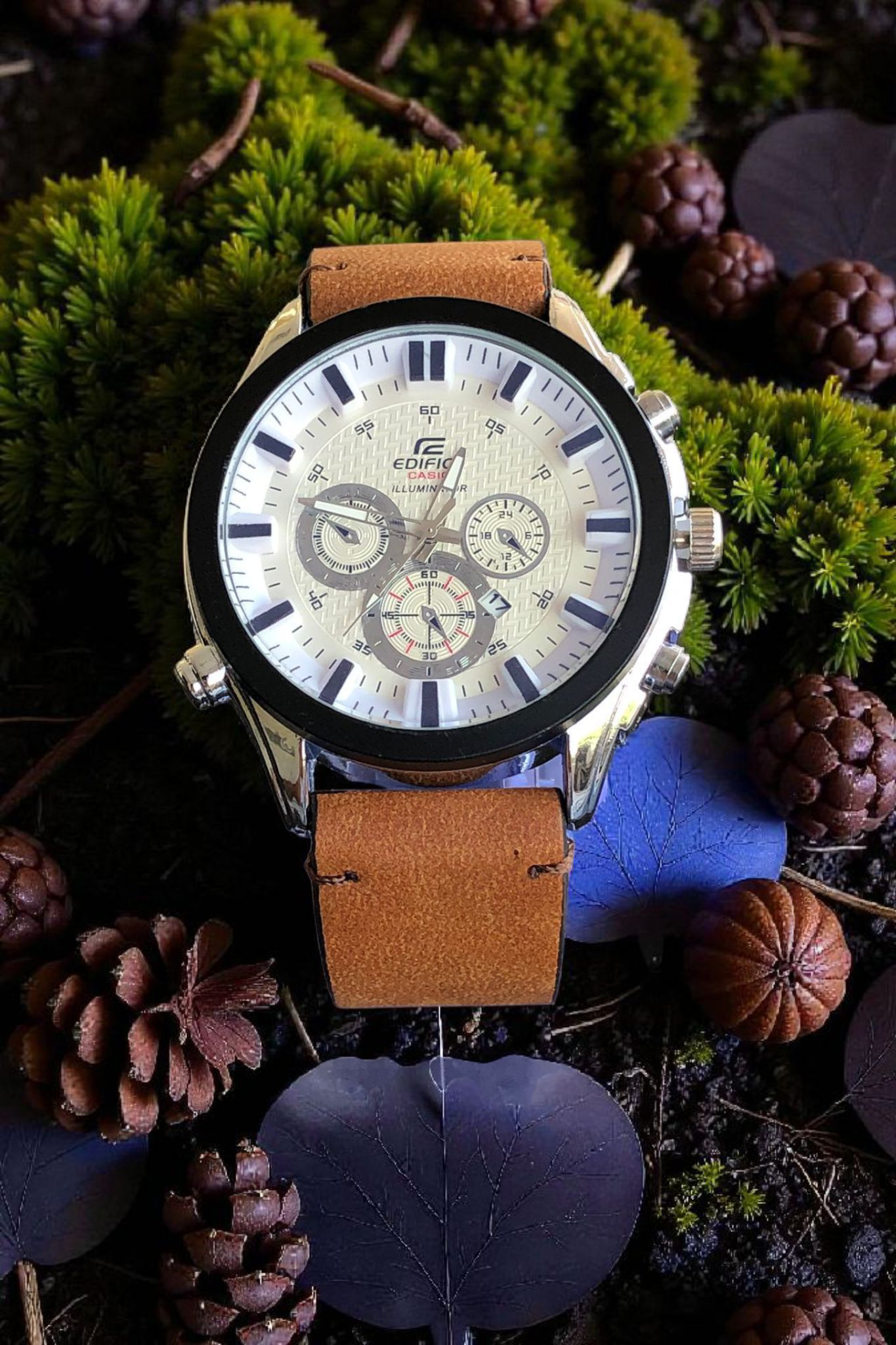 EDIFICE (CASIO)- N93 White Dial With Black Case Luxury Watch With Leather Strap