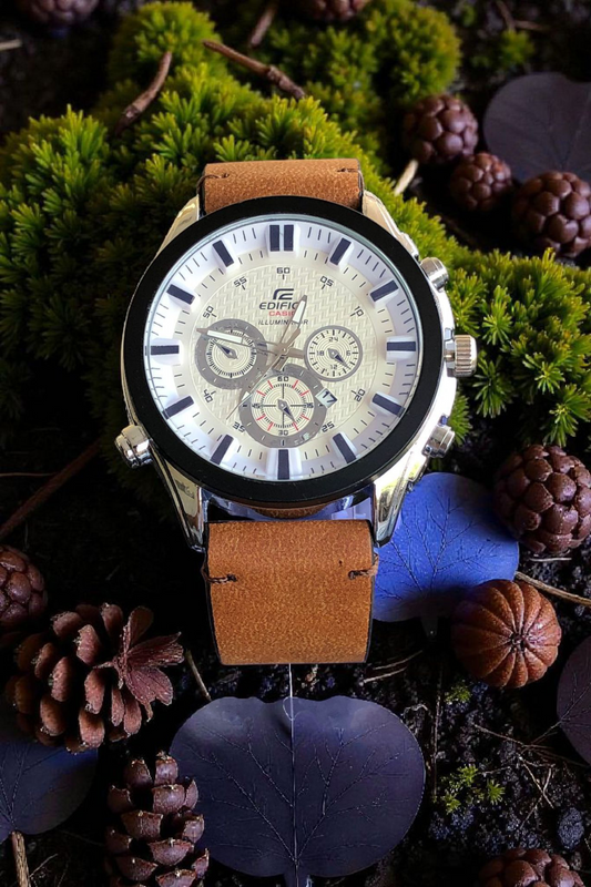 EDIFICE (CASIO)- N93 White Dial With Black Case Luxury Watch With Leather Strap