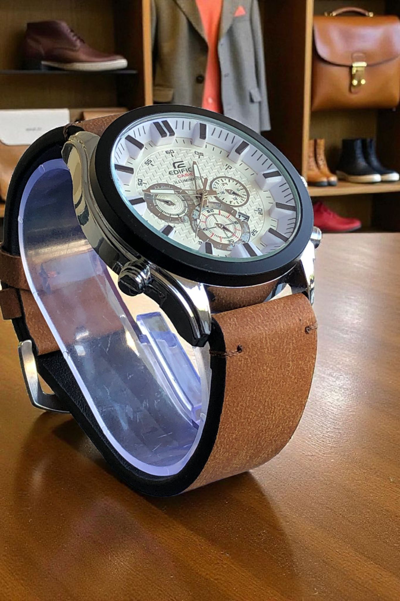 EDIFICE (CASIO)- N93 White Dial With Black Case Luxury Watch With Leather Strap