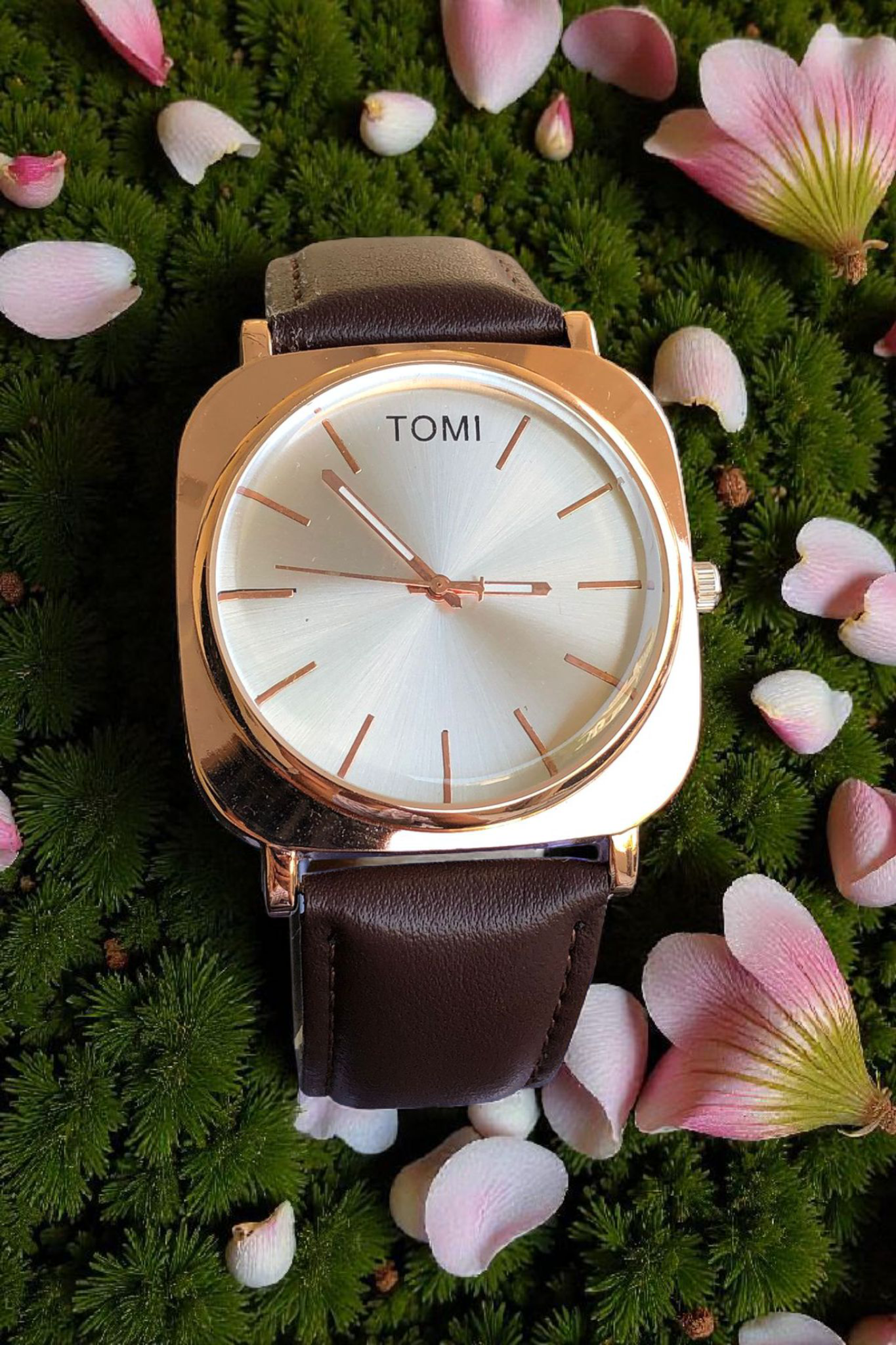 TOMI - T65 Edge Curved Square Bronze Dial With Luxury Brown Leather Strap