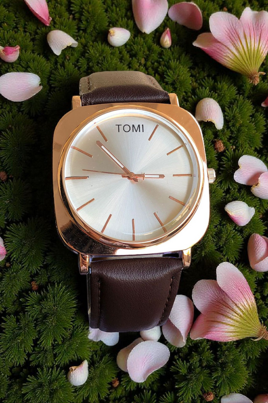 TOMI - T65 Edge Curved Square Bronze Dial With Luxury Brown Leather Strap