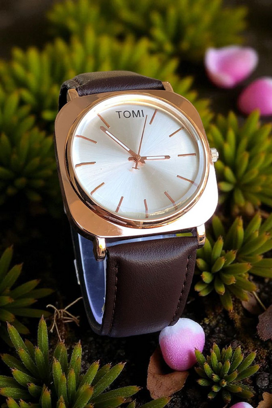 TOMI - T65 Edge Curved Square Bronze Dial With Luxury Brown Leather Strap