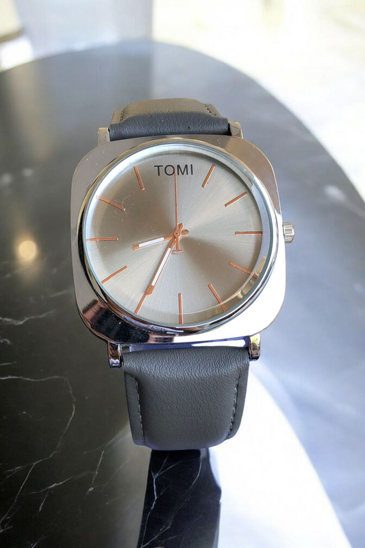 TOMI - T65 Silver Dial With Luxury Grey Leather Strap