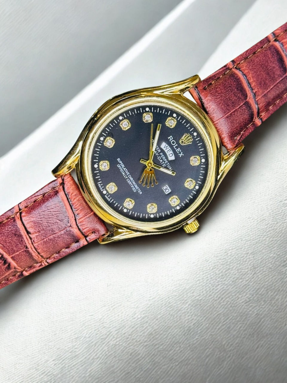 ROLEX Brown Gold Black Round Leather Strap Luxury Watch