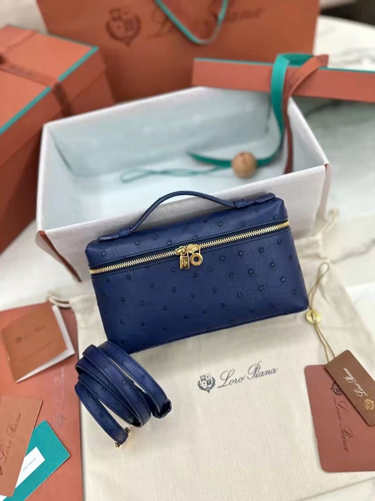 LORO PIANA RESTOCK – Extra Pocket L19 Women Bag (Ostrich Leather) (Blue)