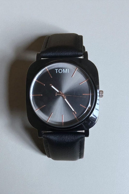 TOMI - T65 Edge Curved Square Black Dial With Luxury Black Leather Strap