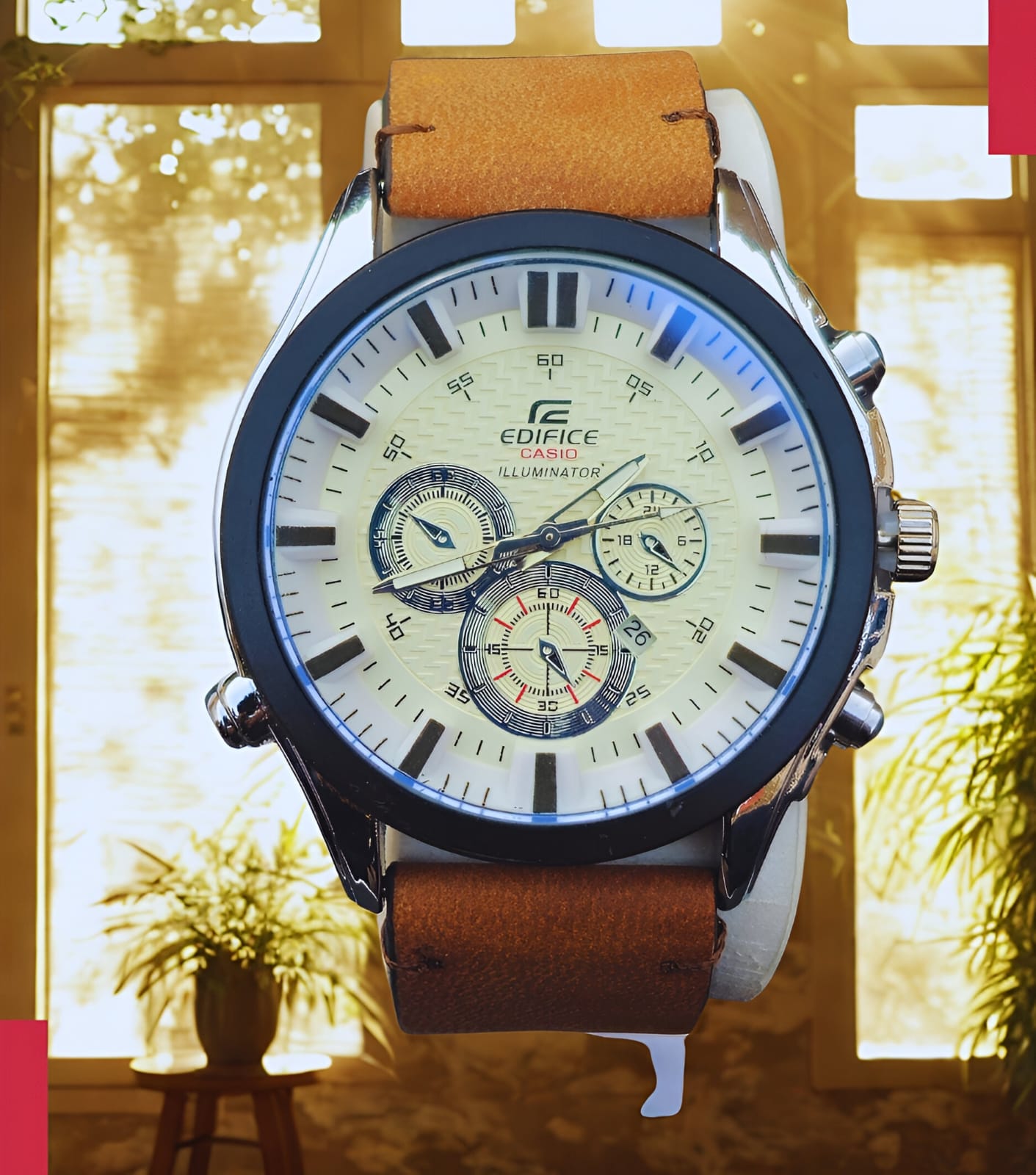 EDIFICE-Leather Strap With Magnificent White Dial