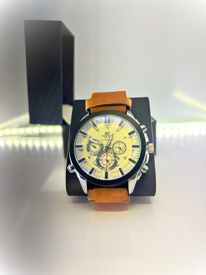 EDIFICE-Leather Strap With Magnificent White Dial