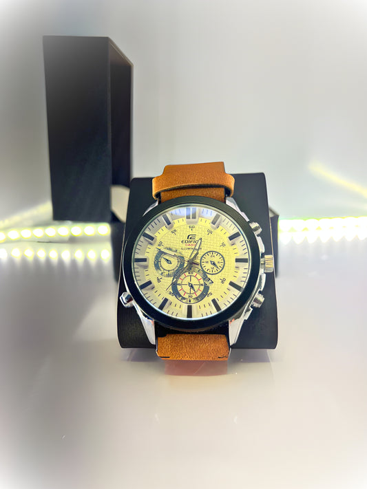 EDIFICE-Leather Strap With Magnificent White Dial