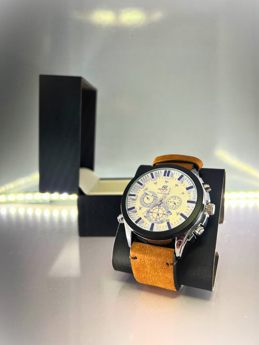 EDIFICE-Leather Strap With Magnificent White Dial