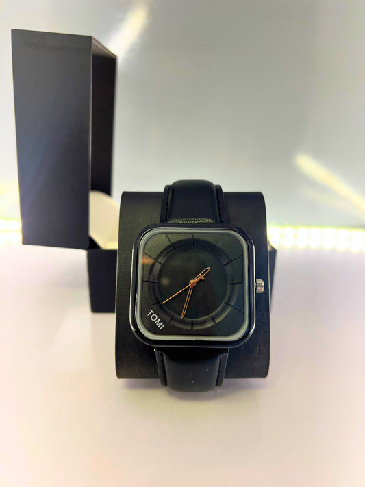 TOMI-Square Blacky Dial With Leather Black Strap