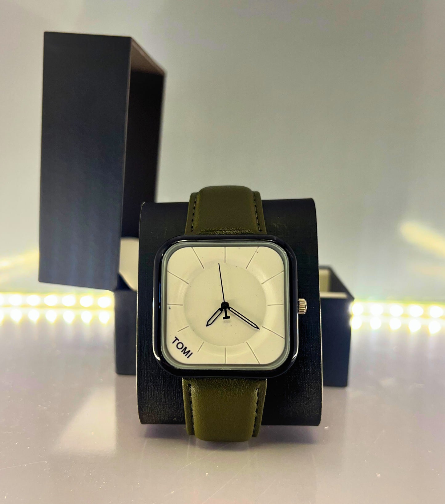 TOMI-Square White Dial With Elegance Olive Green Leather Strap