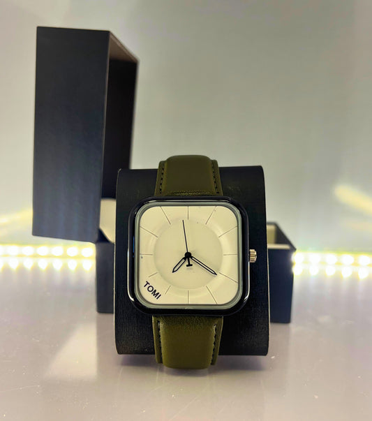 TOMI-Square White Dial With Elegance Olive Green Leather Strap