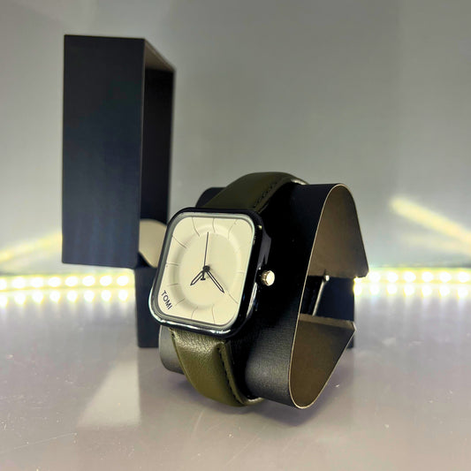 TOMI-Square White Dial With Elegance Olive Green Leather Strap