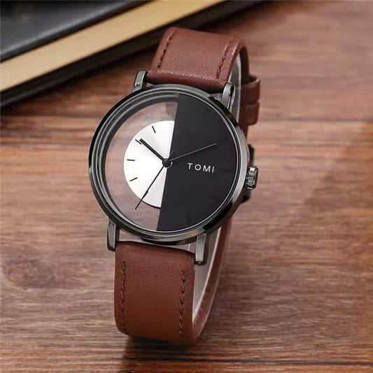 TOMI-T-080 Unisex Watch Half Transparent With Dark Brown Leather Strap