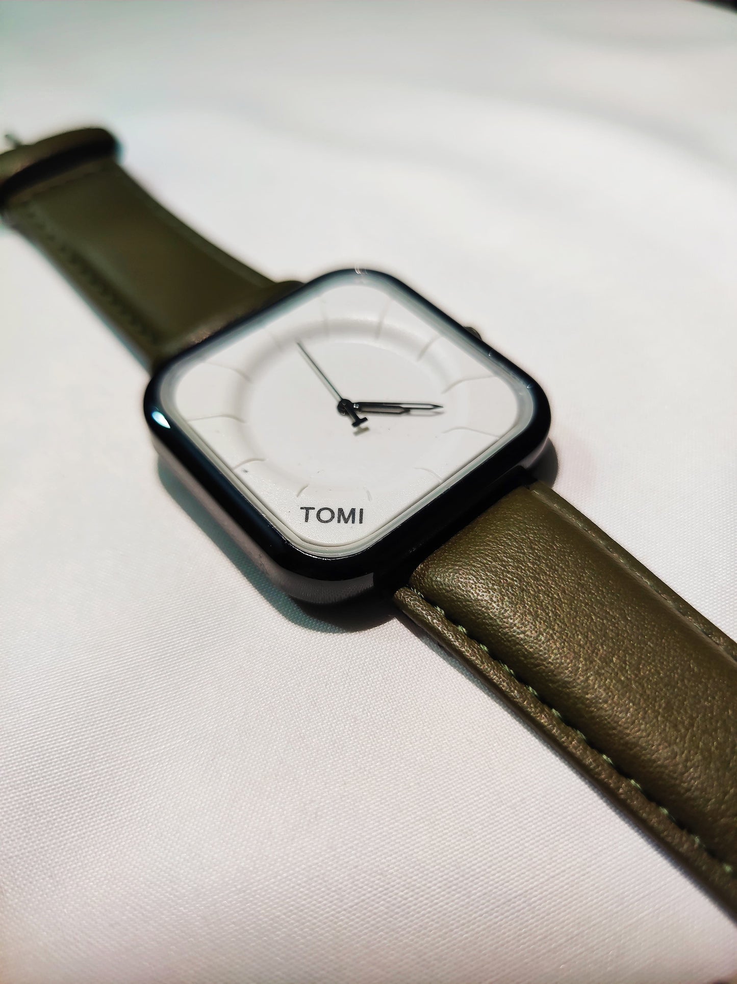 TOMI-Square White Dial With Elegance Olive Green Leather Strap