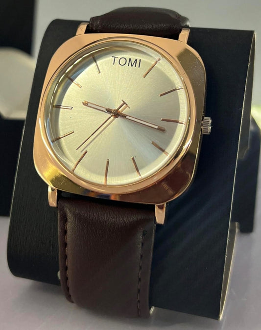 TOMI-Stunning Brass Dial With Leather in Brown