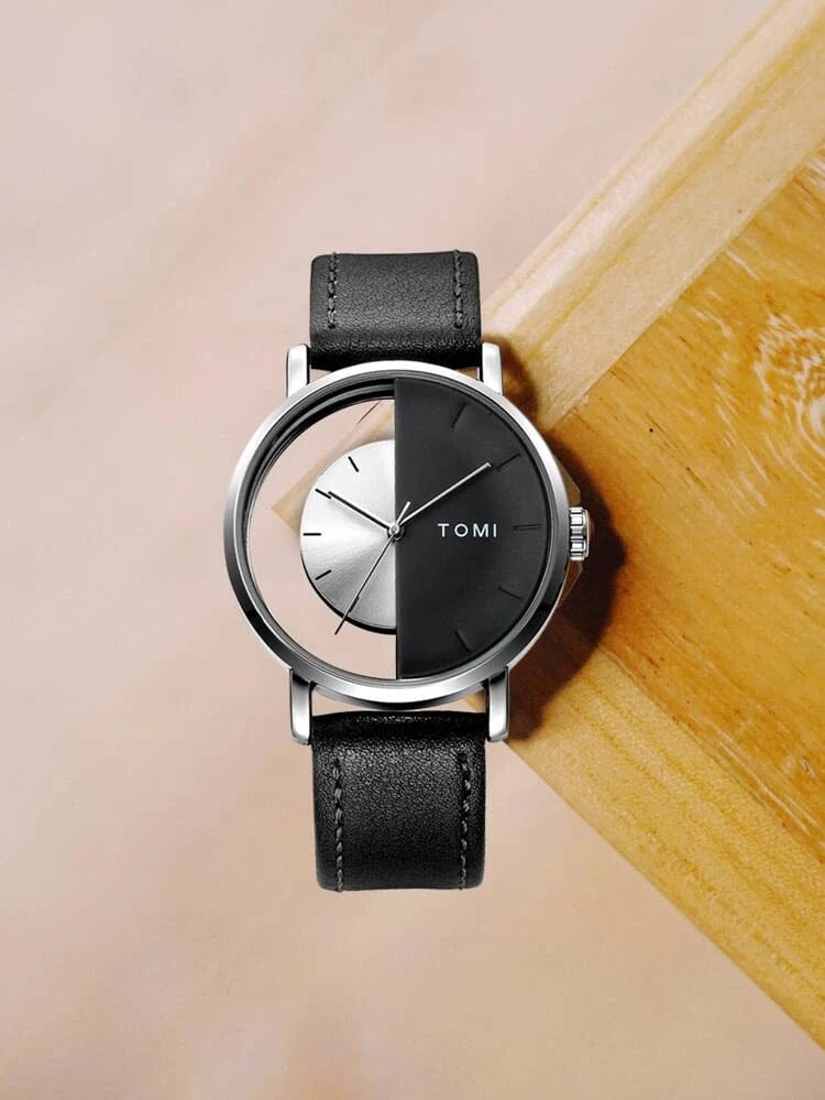 TOMI-T-080 Unisex Watch Half Transparent With Black Leather Strap