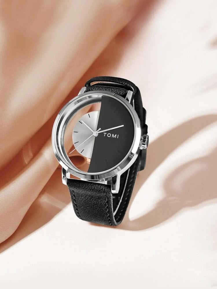 TOMI-T-080 Unisex Watch Half Transparent With Black Leather Strap
