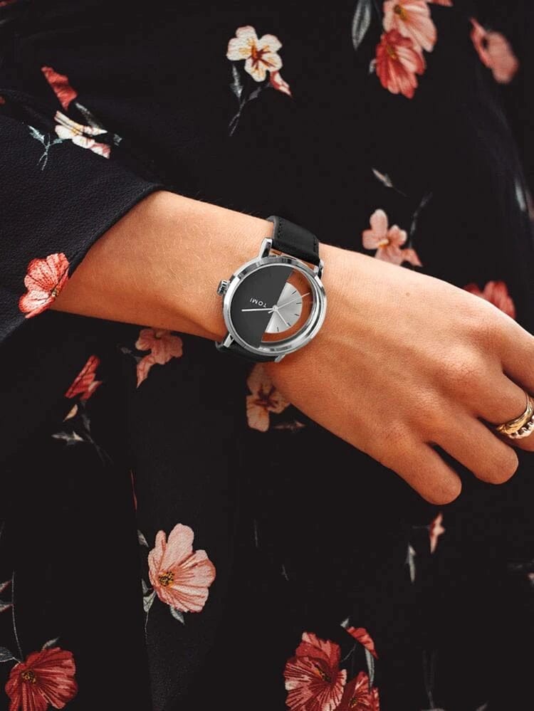 TOMI-T-080 Unisex Watch Half Transparent With Black Leather Strap
