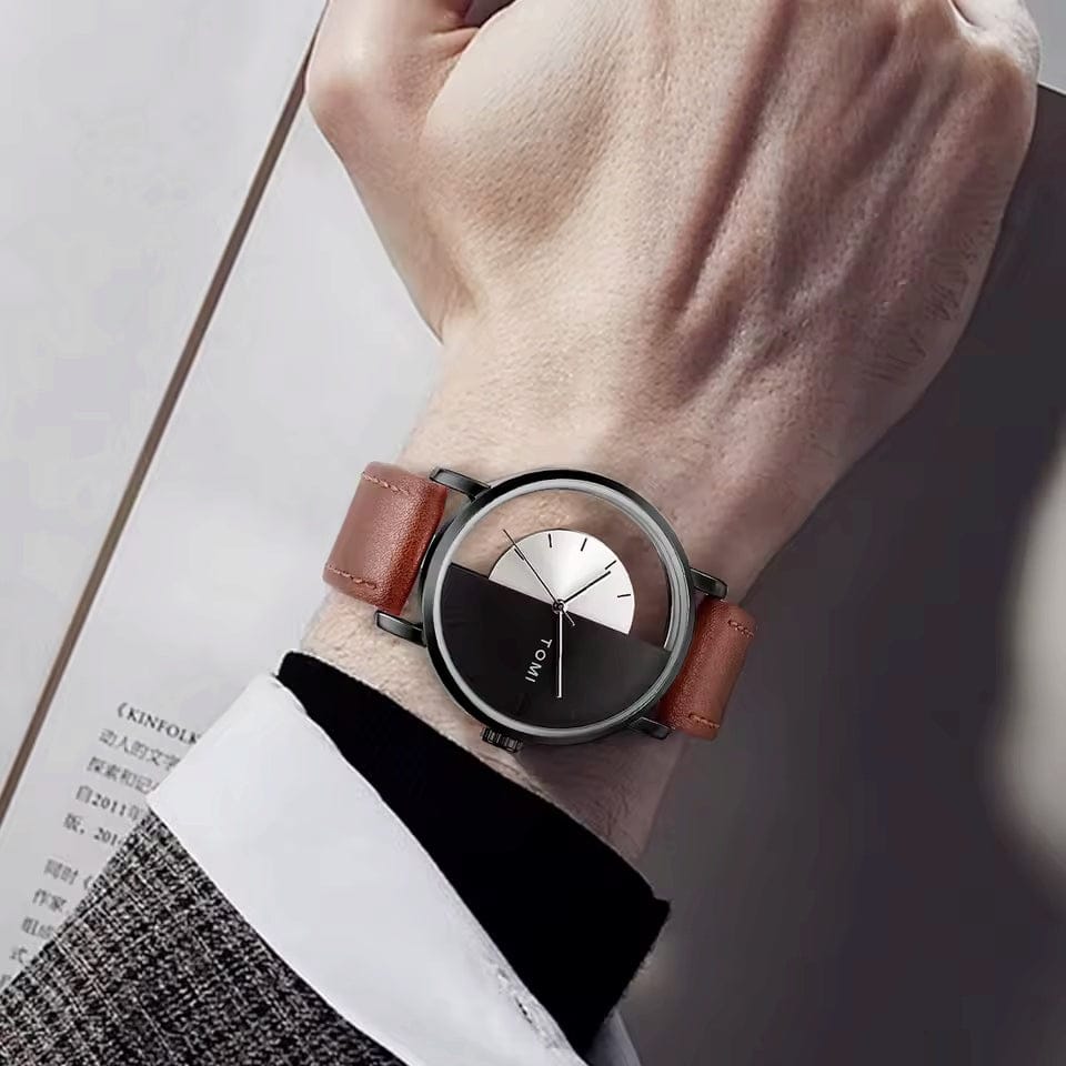 TOMI-T-080 Unisex Watch Half Transparent With Dark Brown Leather Strap