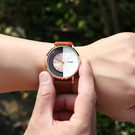 TOMI-T-080 Unisex Watch Half Transparent With Brown Leather Strap