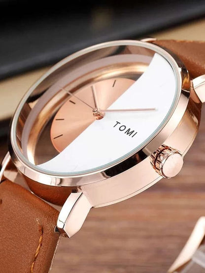 TOMI-T-080 Unisex Watch Half Transparent With Brown Leather Strap