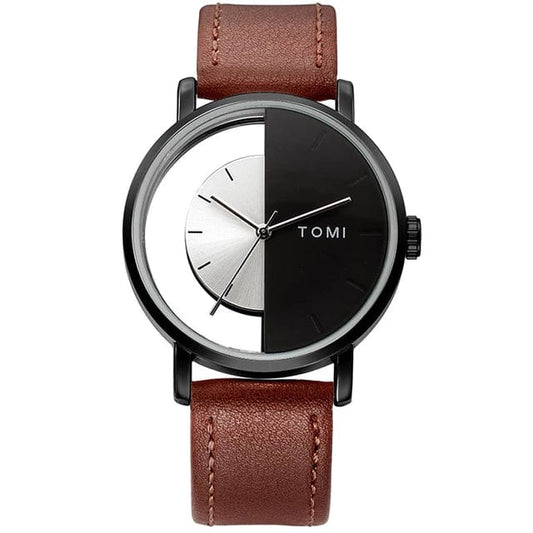 TOMI-T-080 Unisex Watch Half Transparent With Dark Brown Leather Strap