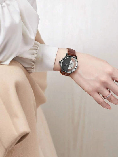 TOMI-T-080 Unisex Watch Half Transparent With Dark Brown Leather Strap