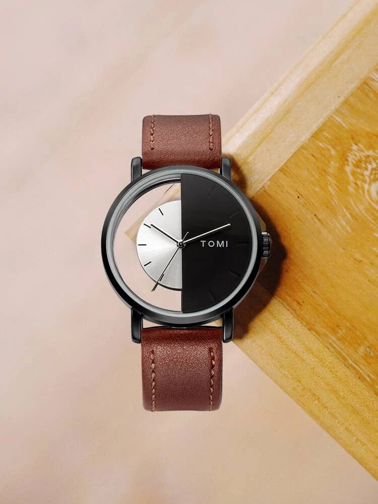 TOMI-T-080 Unisex Watch Half Transparent With Dark Brown Leather Strap