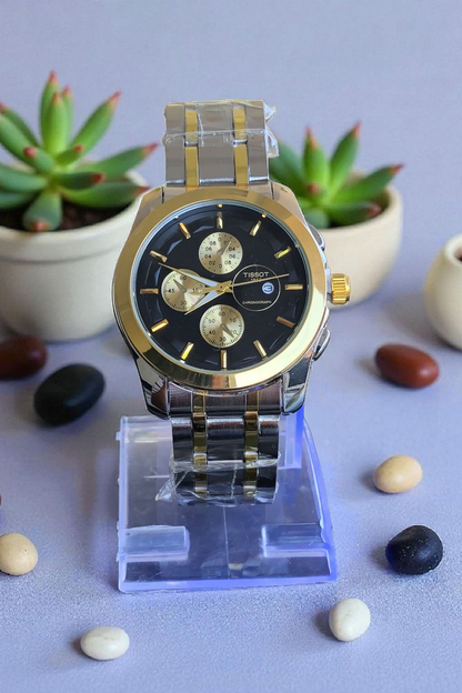 TISSOT- N21 Silver Golden Chain With Stunning Black Dial In Luxury Look