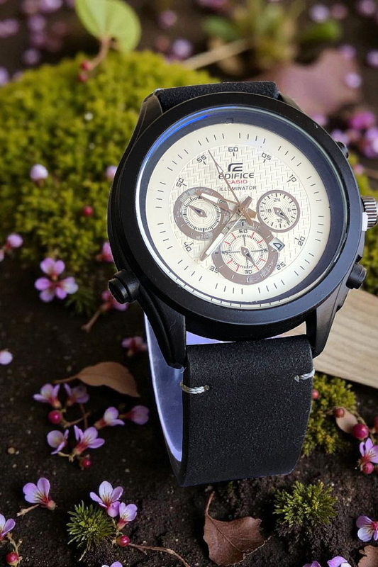 EDIFICE (CASIO) - N93 White Dial With Black Case Luxury Watch With Leather Strap