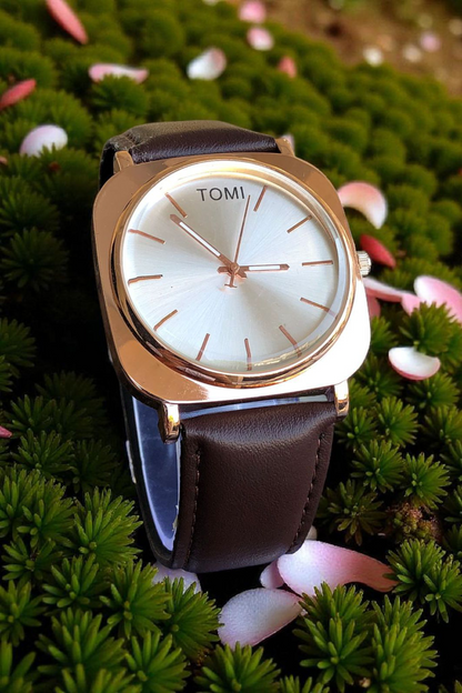TOMI - T65 Edge Curved Square Bronze Dial With Luxury Brown Leather Strap