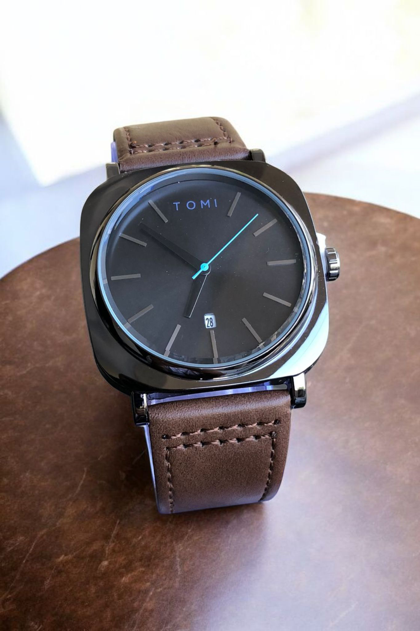 TOMI - T65 Chromium Black Dial With Luxury Brown Leather Strap