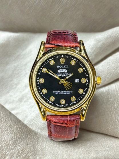 ROLEX Brown Gold Black Round Leather Strap Luxury Watch