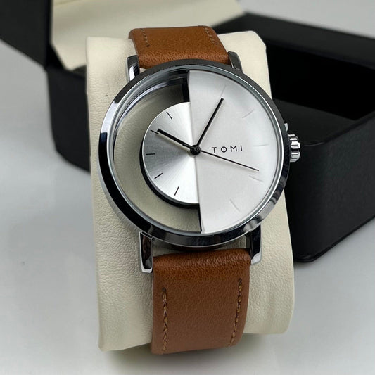 TOMI-T-080 Unisex Watch Half Transparent With Brown Leather Strap