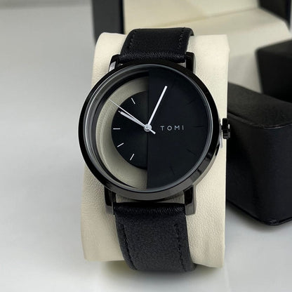 TOMI-T-080 Unisex Watch Half Transparent With Black Leather Strap