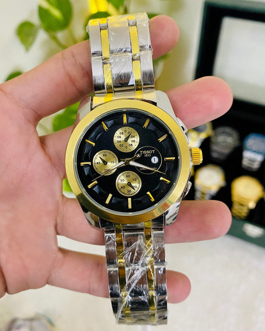TISSIOT-Stunning Watch Black Dial With Shining Silver Chain Strap