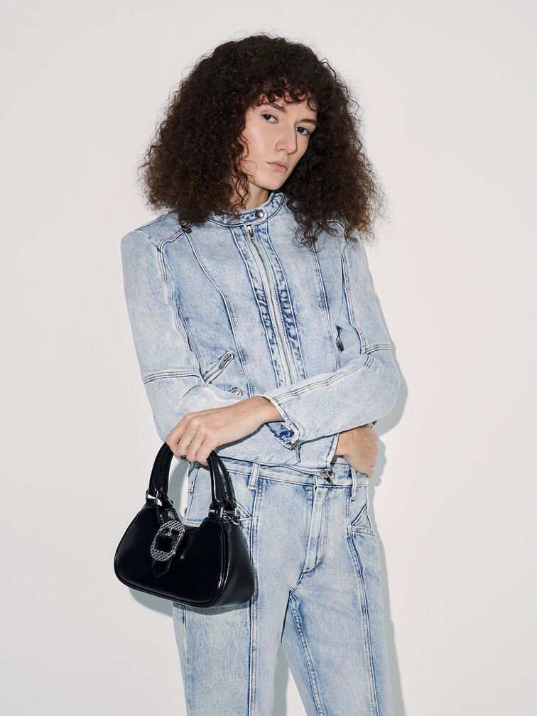 CHARLES & KEITH Avis Belted Top Handle – Women Bag (Faux Shearling) (Black)