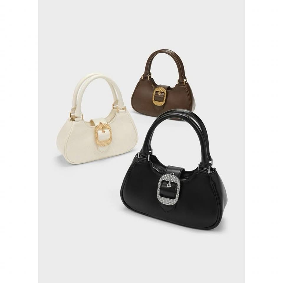 CHARLES & KEITH Avis Belted Top Handle – Women Bag (Faux Shearling) (Black)