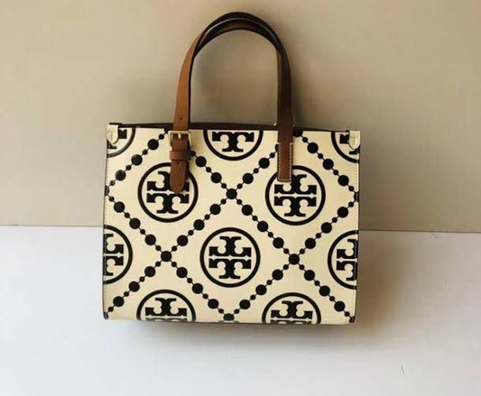 TORY BURCH Mini T Monogram Tote – Women Bag (Leather) (White)