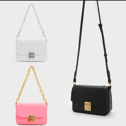 CHARLES &amp; KEITH Women Bag – Belted Design with Push-Lock Closure (White)