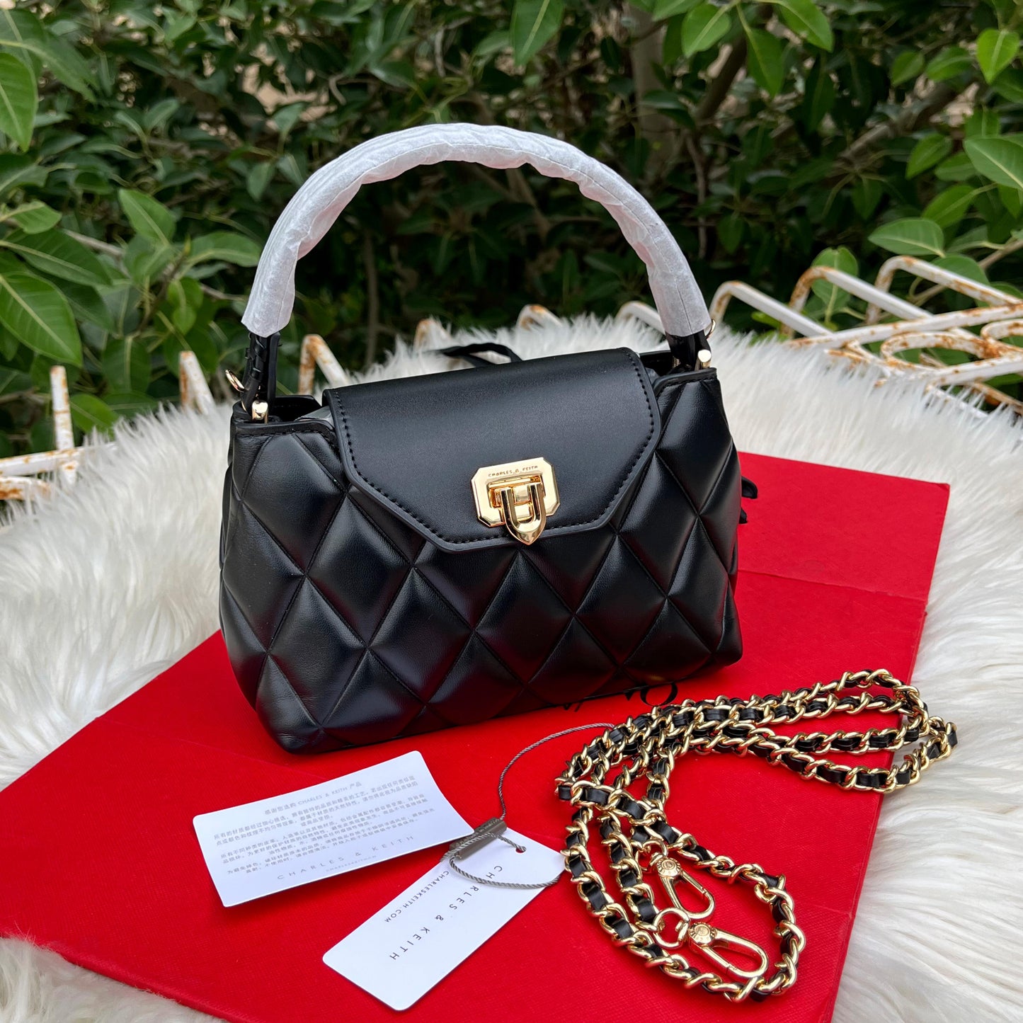 CHARLES & KEITH – Arwen Quilted Braided-Strap Top Handle Bag (Black)