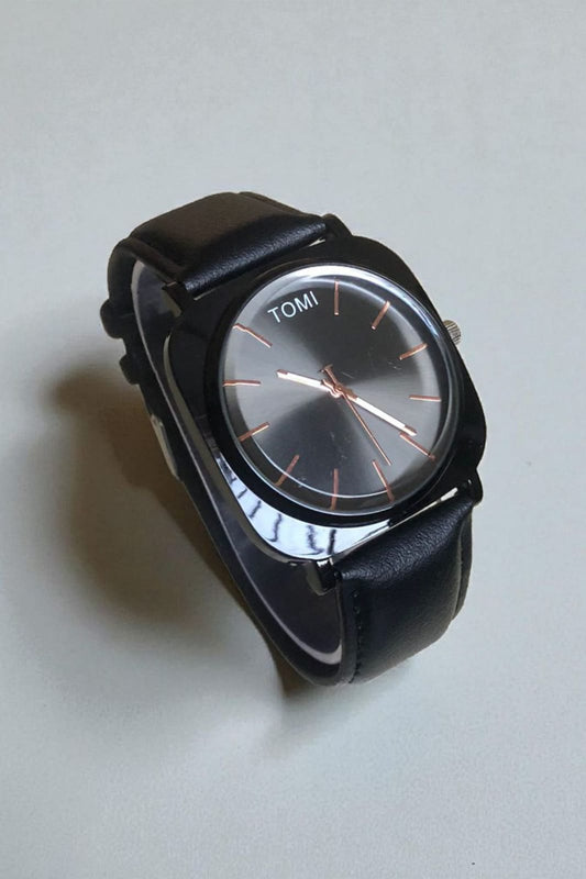 TOMI - T65 Edge Curved Square Black Dial With Luxury Black Leather Strap