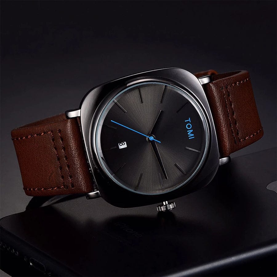 TOMI-Chromium Black Dial With Brown Leather Strap