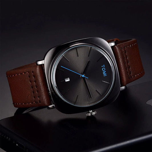 TOMI-Chromium Black Dial With Brown Leather Strap