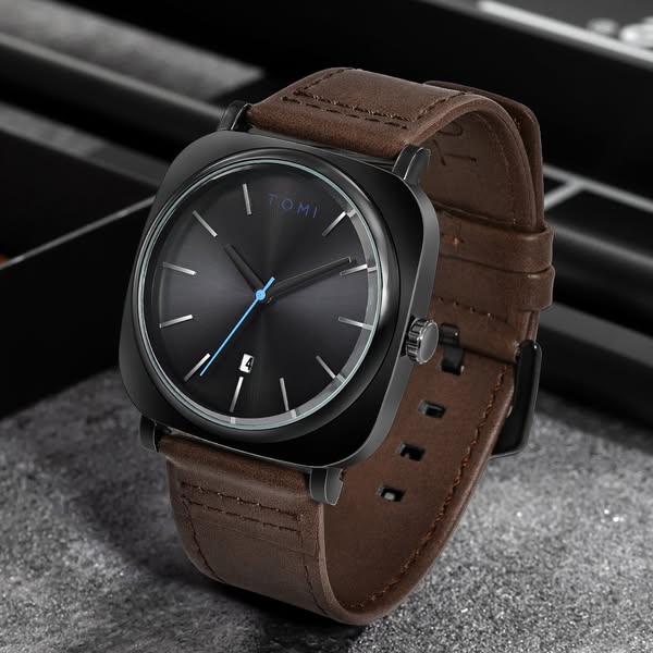 TOMI-Chromium Black Dial With Brown Leather Strap