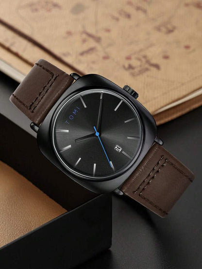 TOMI-Chromium Black Dial With Brown Leather Strap