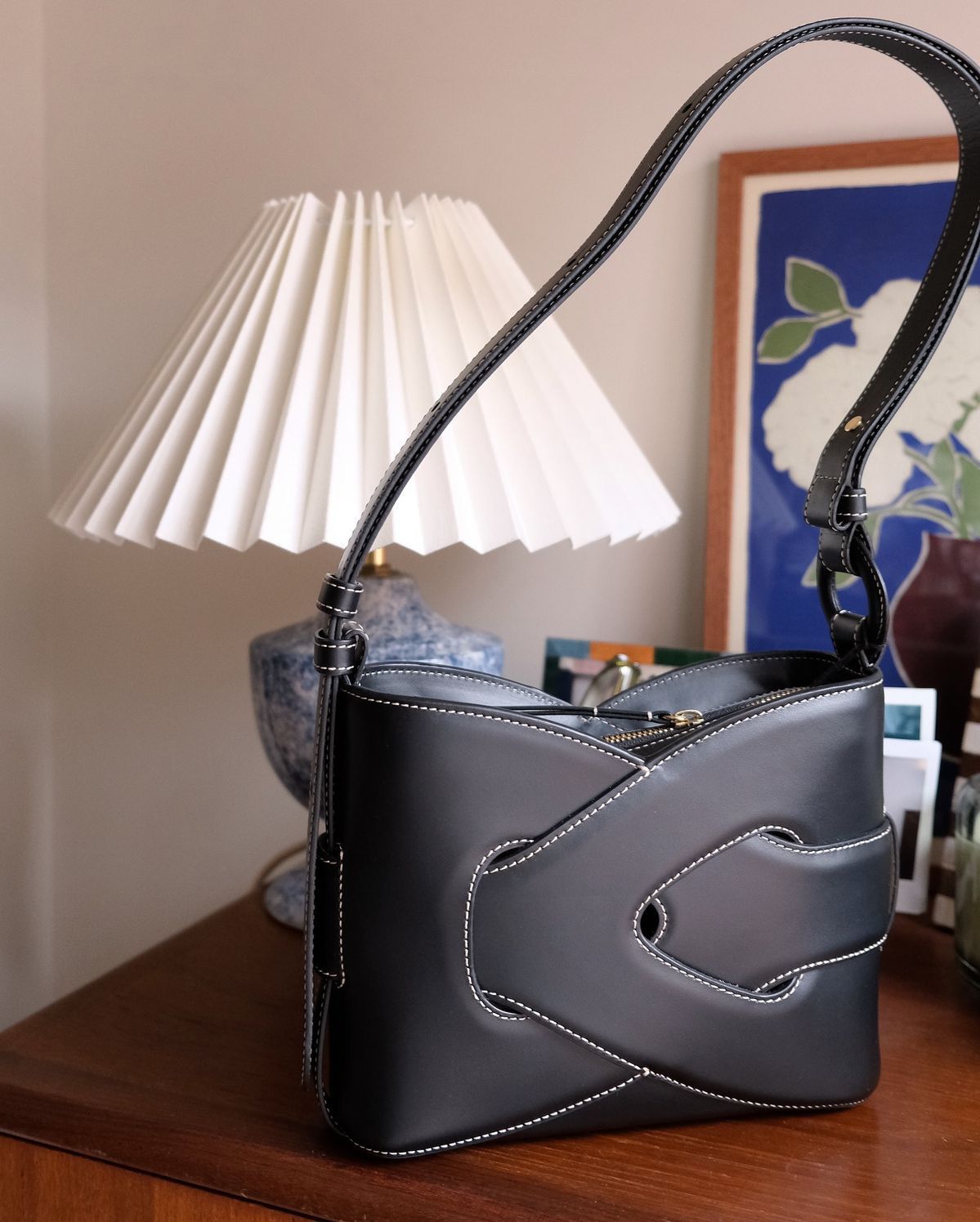 POLENE Nodde – Women Bag (Interlaced Leather Design) (Black)